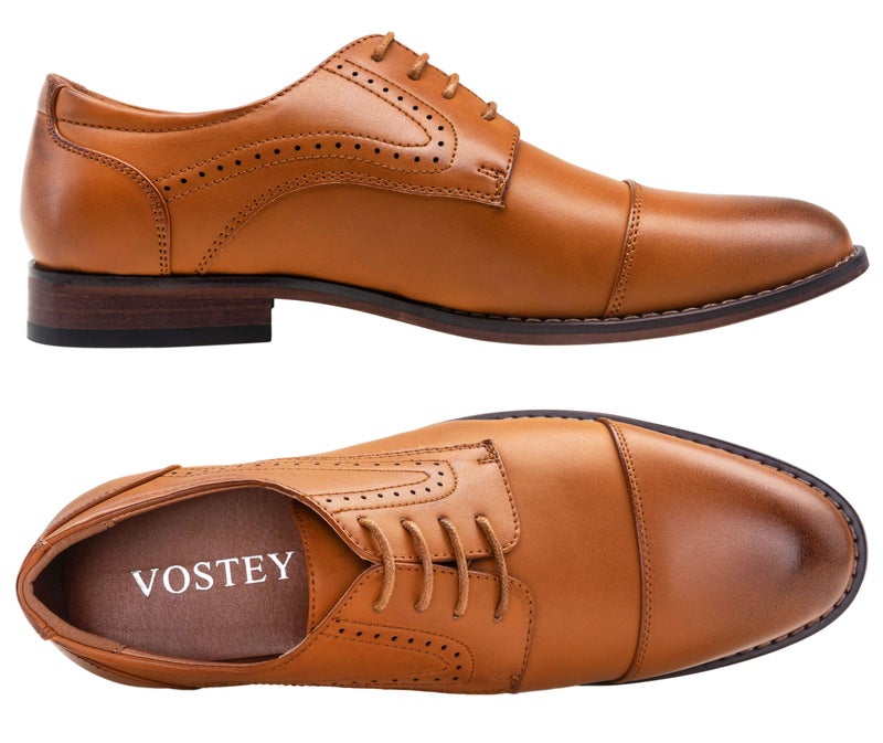 Vostey Men's Dress Shoes Brown Classic Cap Toe Brogue Men Oxfords (BMY636 Yellow Brown Size 7) - Image 2